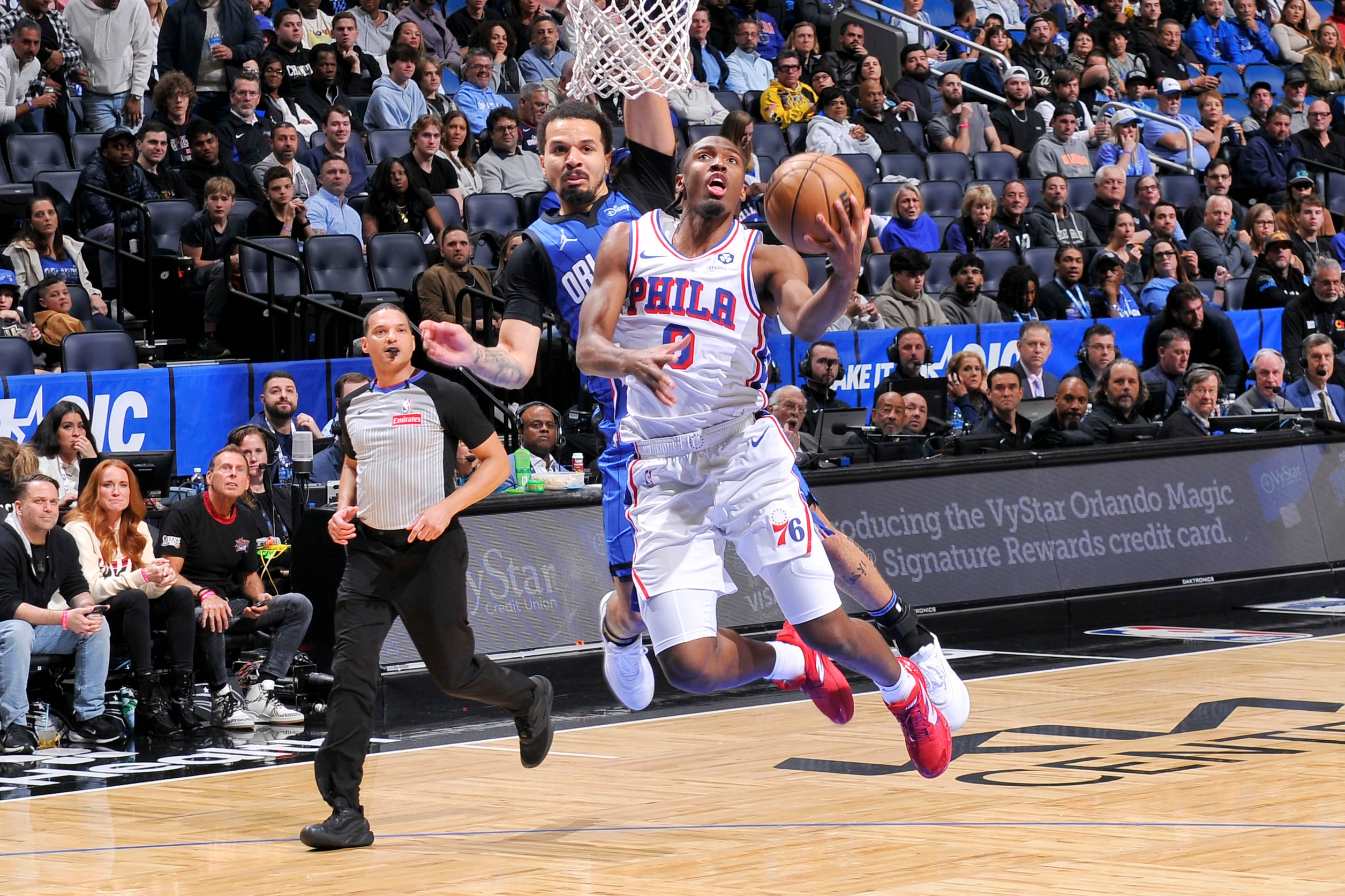 Tyrese Maxey #0 of the Philadelphia 76ers drives to the basket during 