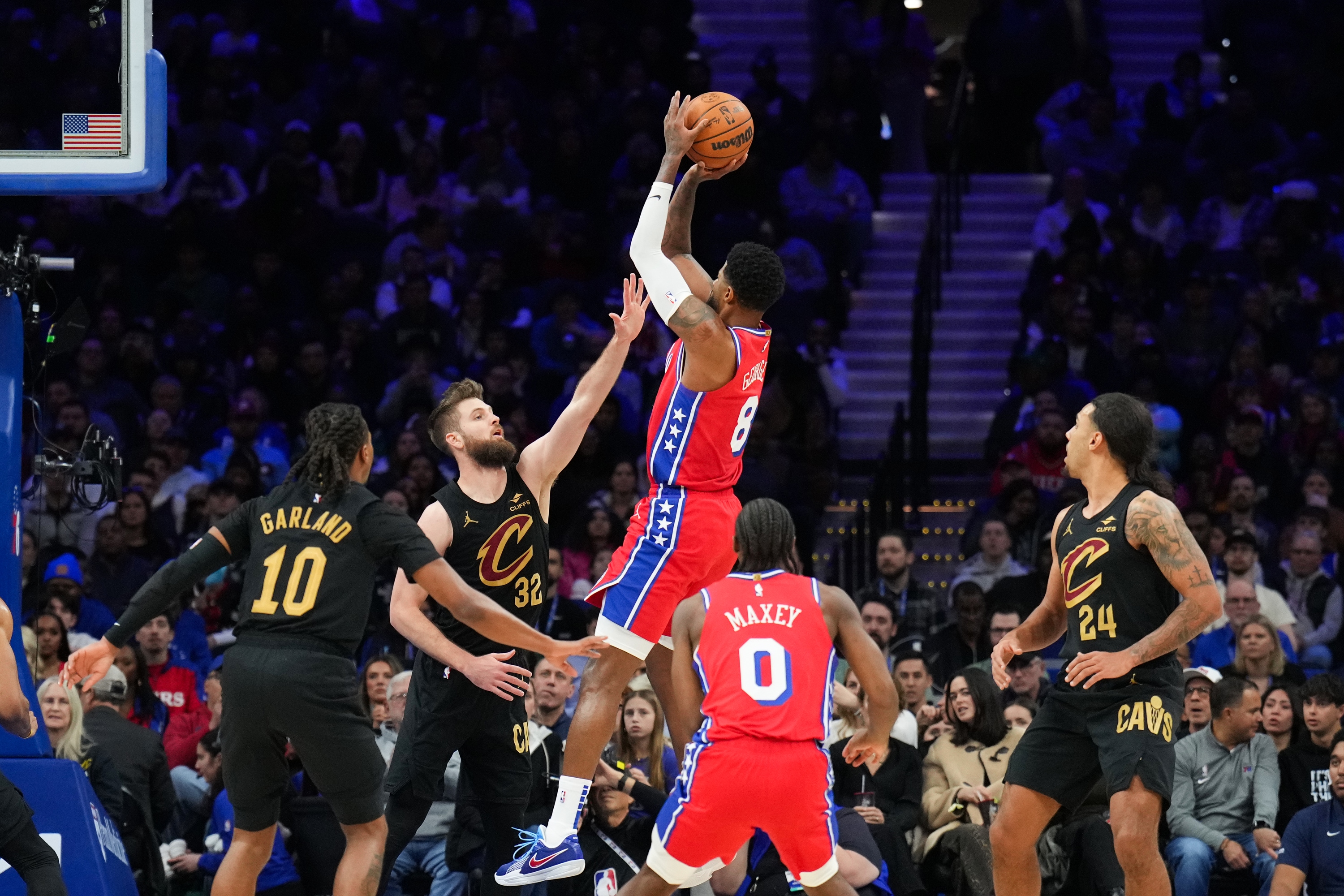 Paul George #8 shooting fade away jumper