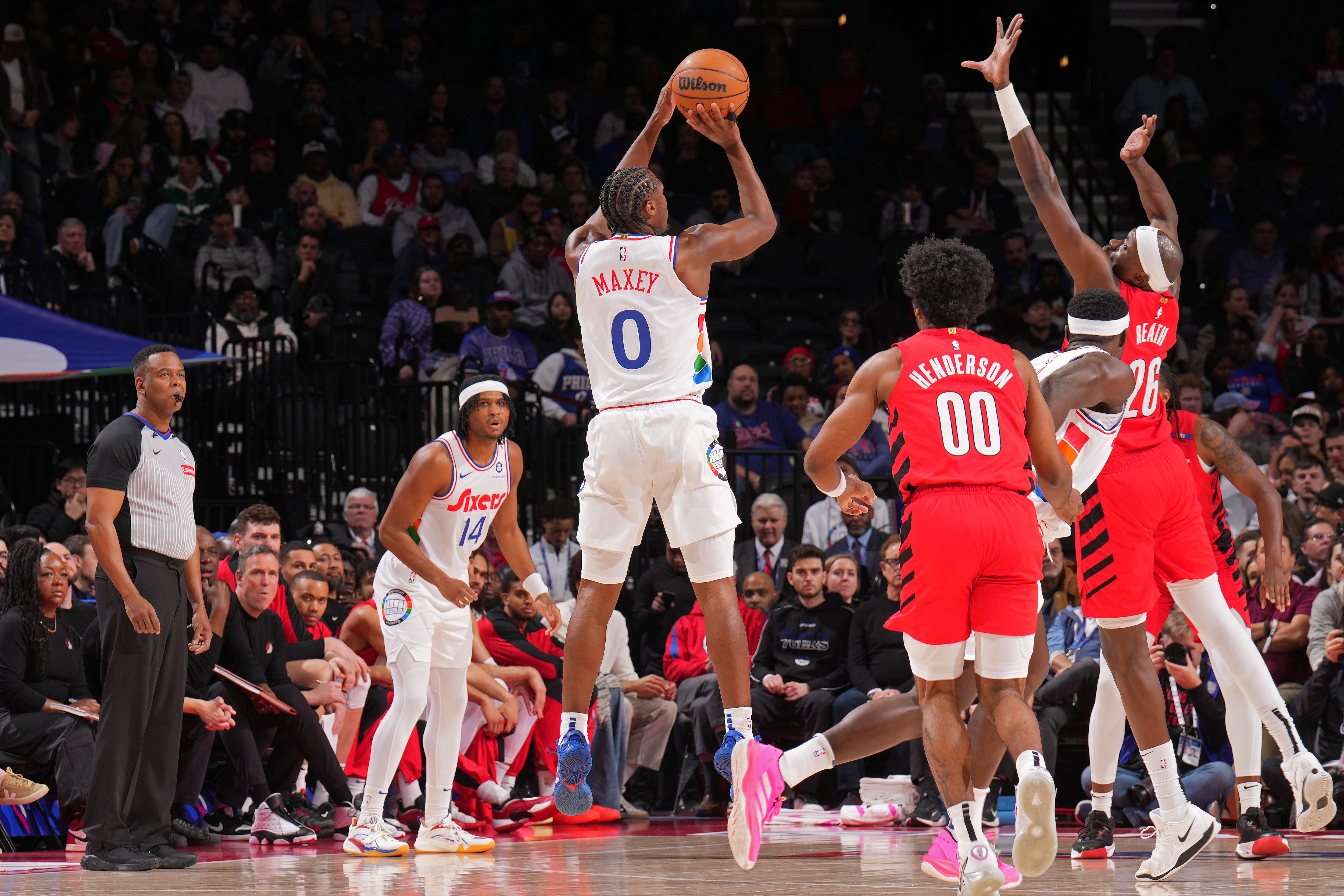 Tyrese Maxey #0 of the Philadelphia 76ers shoots the ball during the game