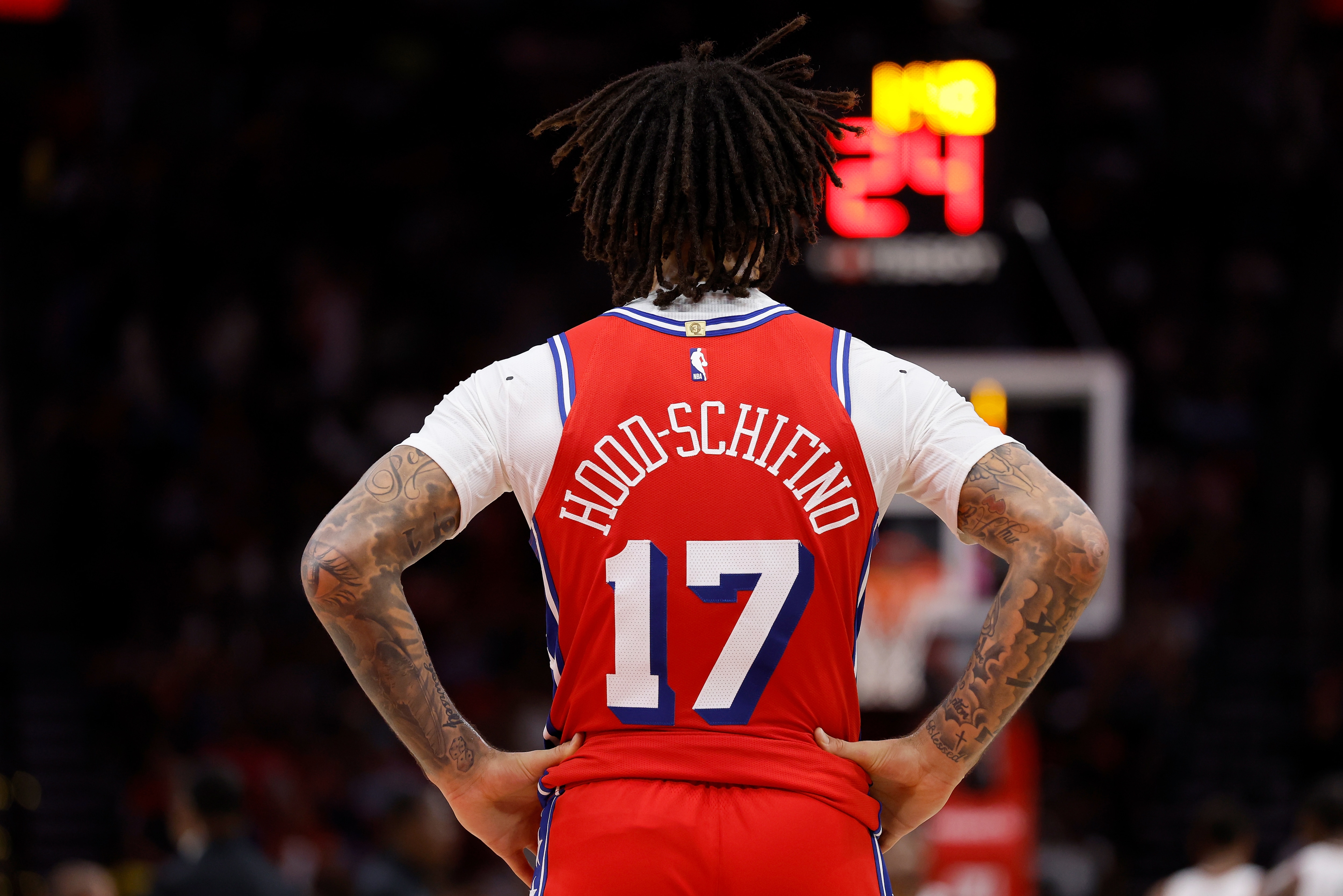 Jalen Hood-Schifino #17 of the Philadelphia 76ers stands on the court in the second half 