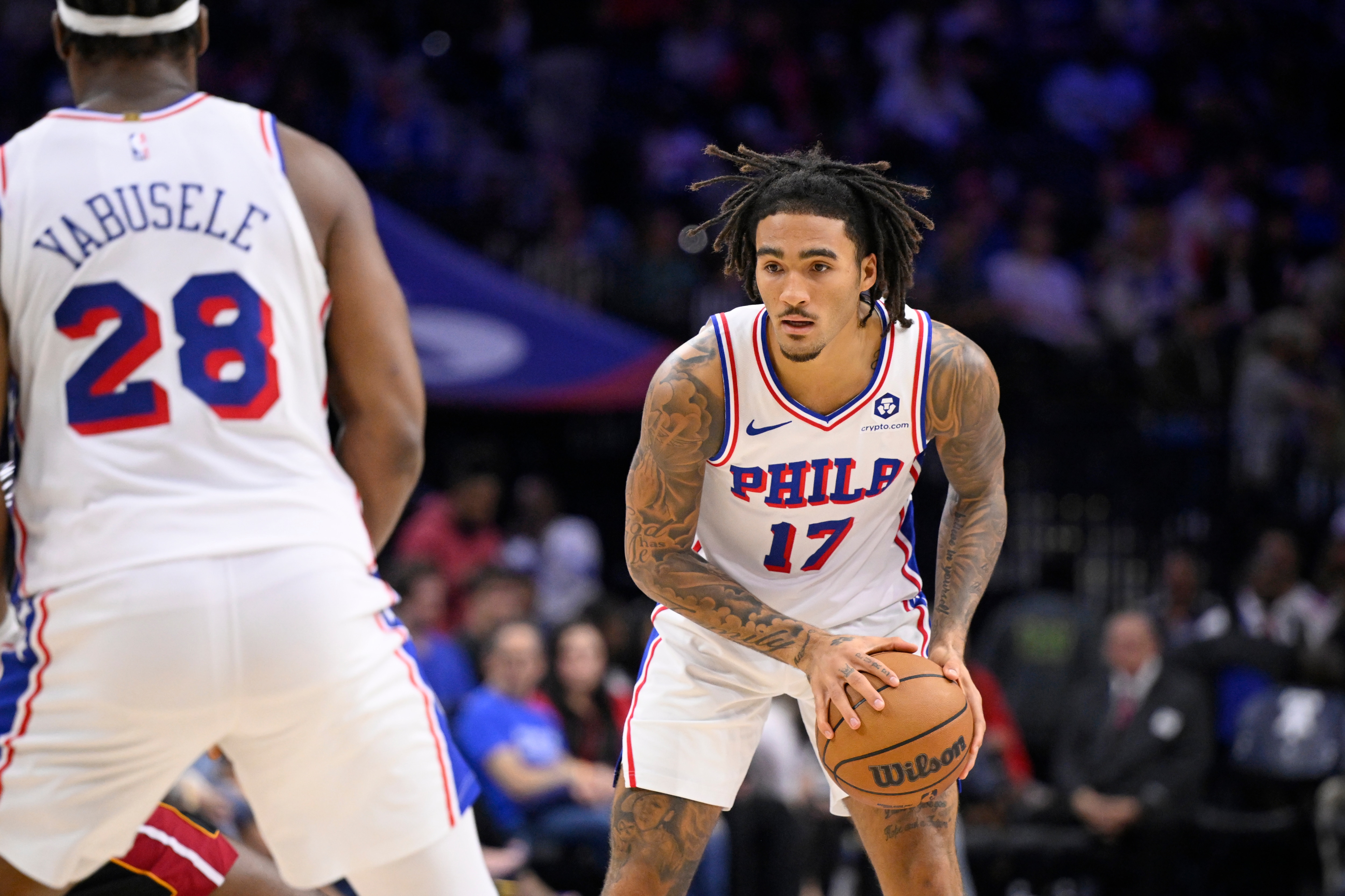 Jalen Hood-Schifino #17 of the Philadelphia 76ers looks to pass the ball during the game