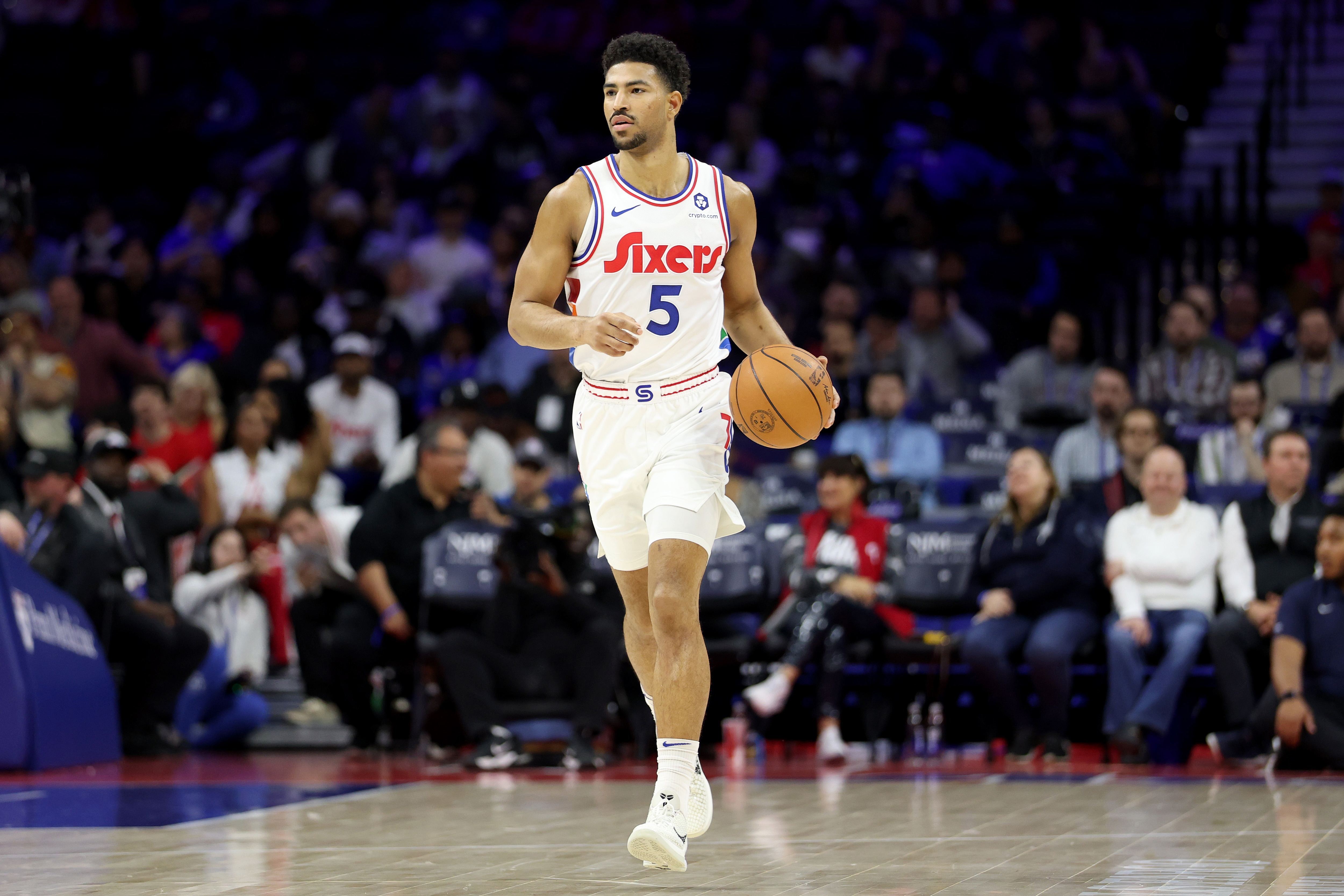 Quentin Grimes #5 of the Philadelphia 76ers dribbles the ball during a game