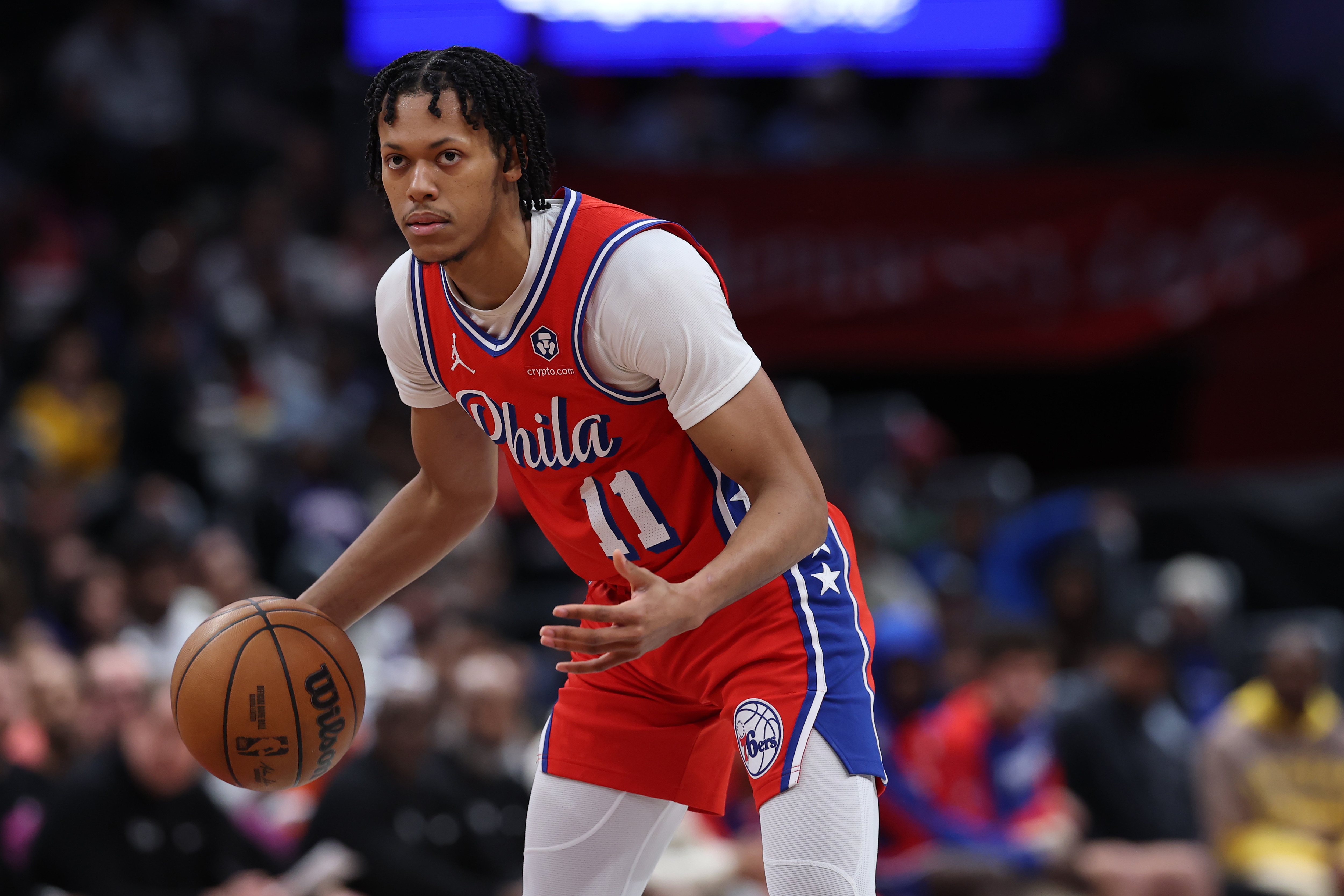 Jeff Dowtin Jr. #11 of the Philadelphia 76ers handles the ball