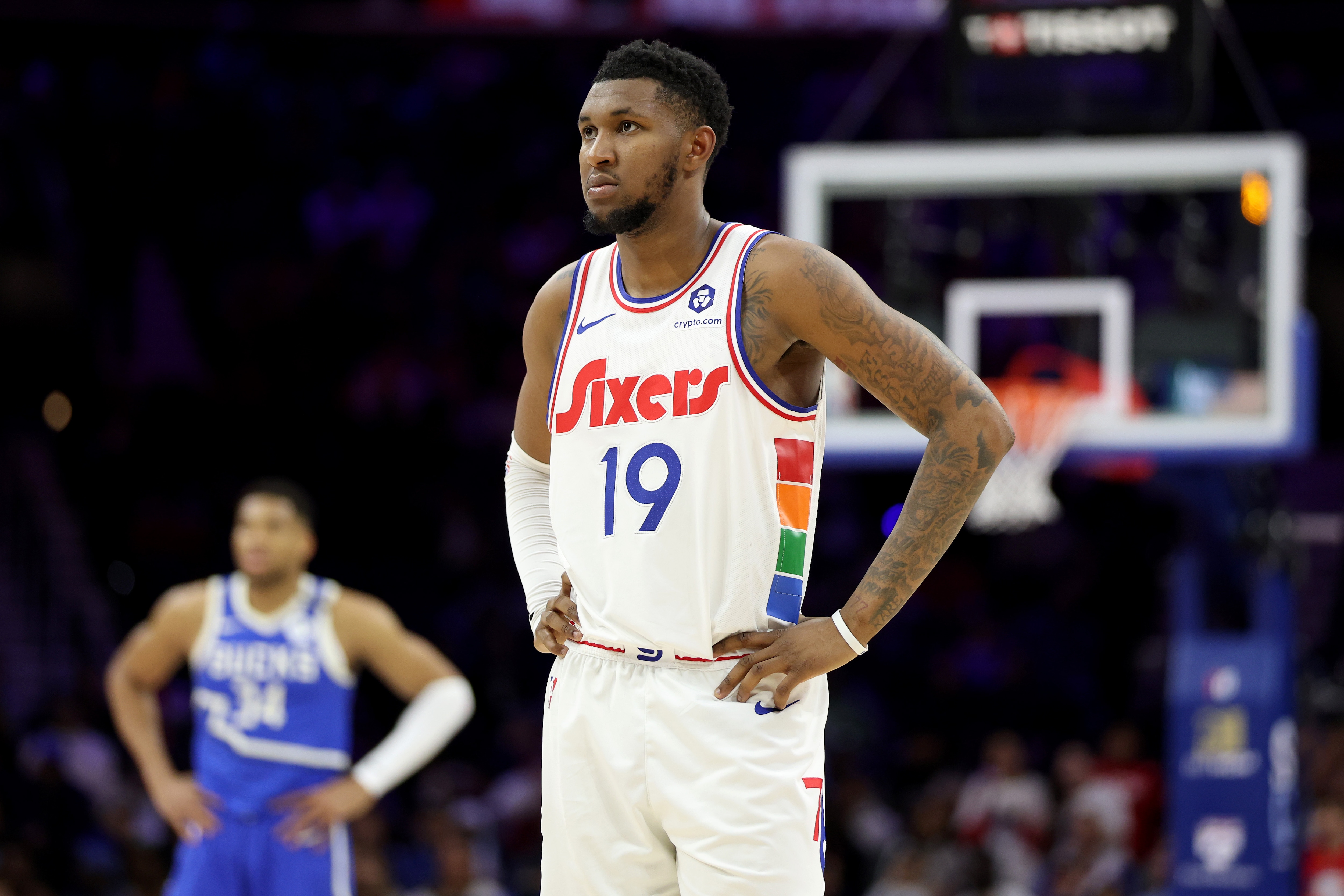 Justin Edwards #19 of the Philadelphia 76ers looks om