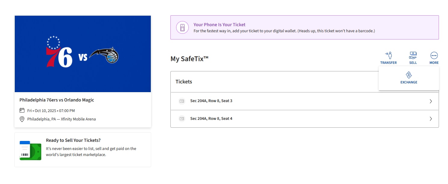 Screenshot: From the More icon above your seat locations, choose Exchange