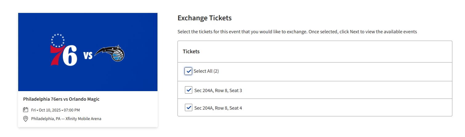 Screenshot: Check the seat(s) you would like to exchange and Continue