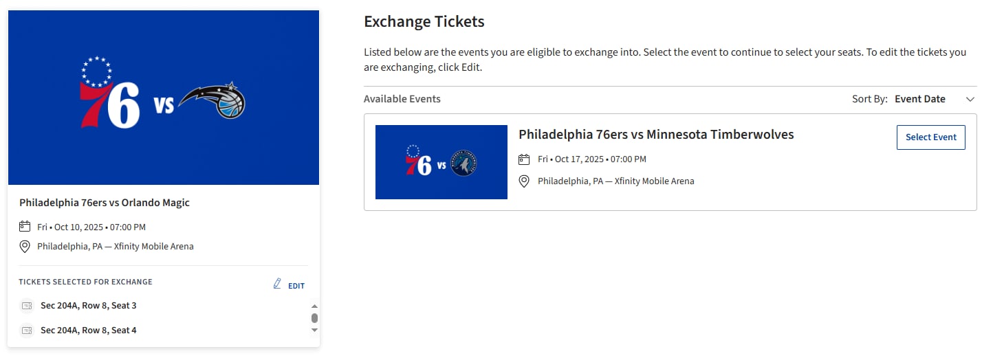 Screenshot: Select Event for the game you would like to exchange with your current tickets