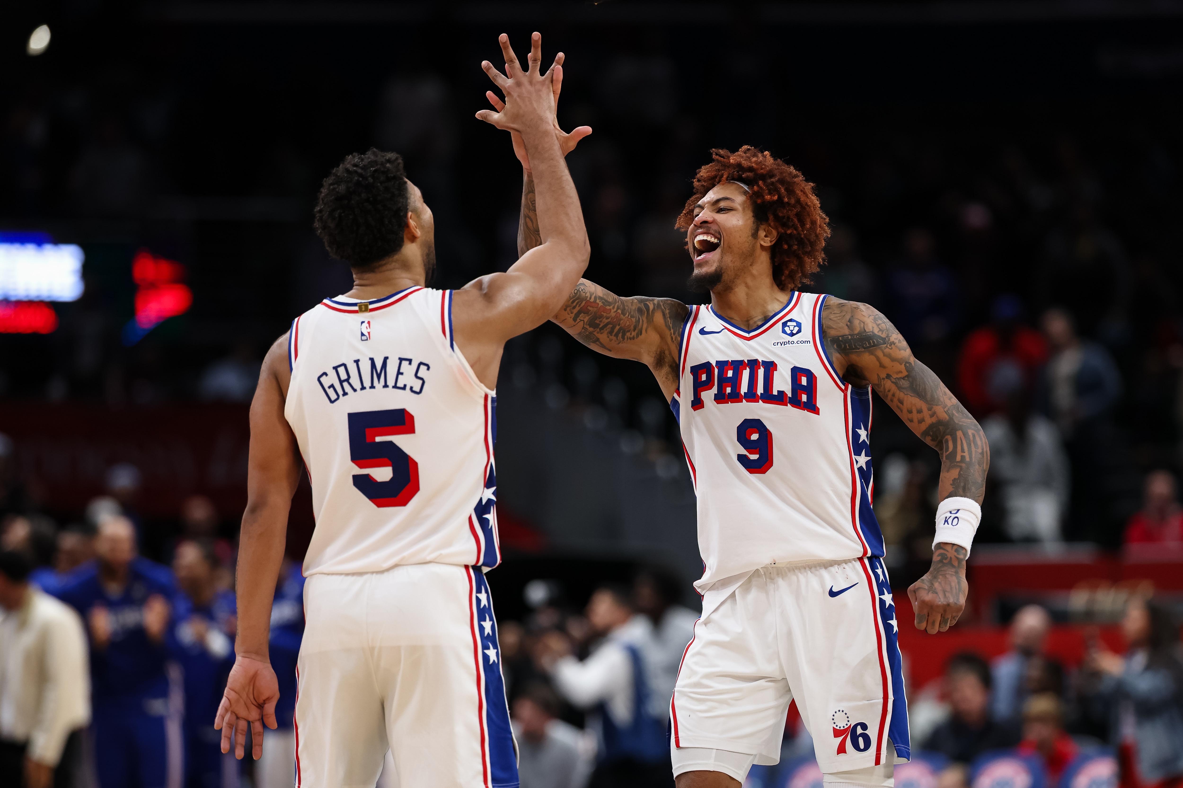 Kelly Oubre Jr. #9 and Quentin Grimes #5 of the Philadelphia 76ers celebrate during overtime