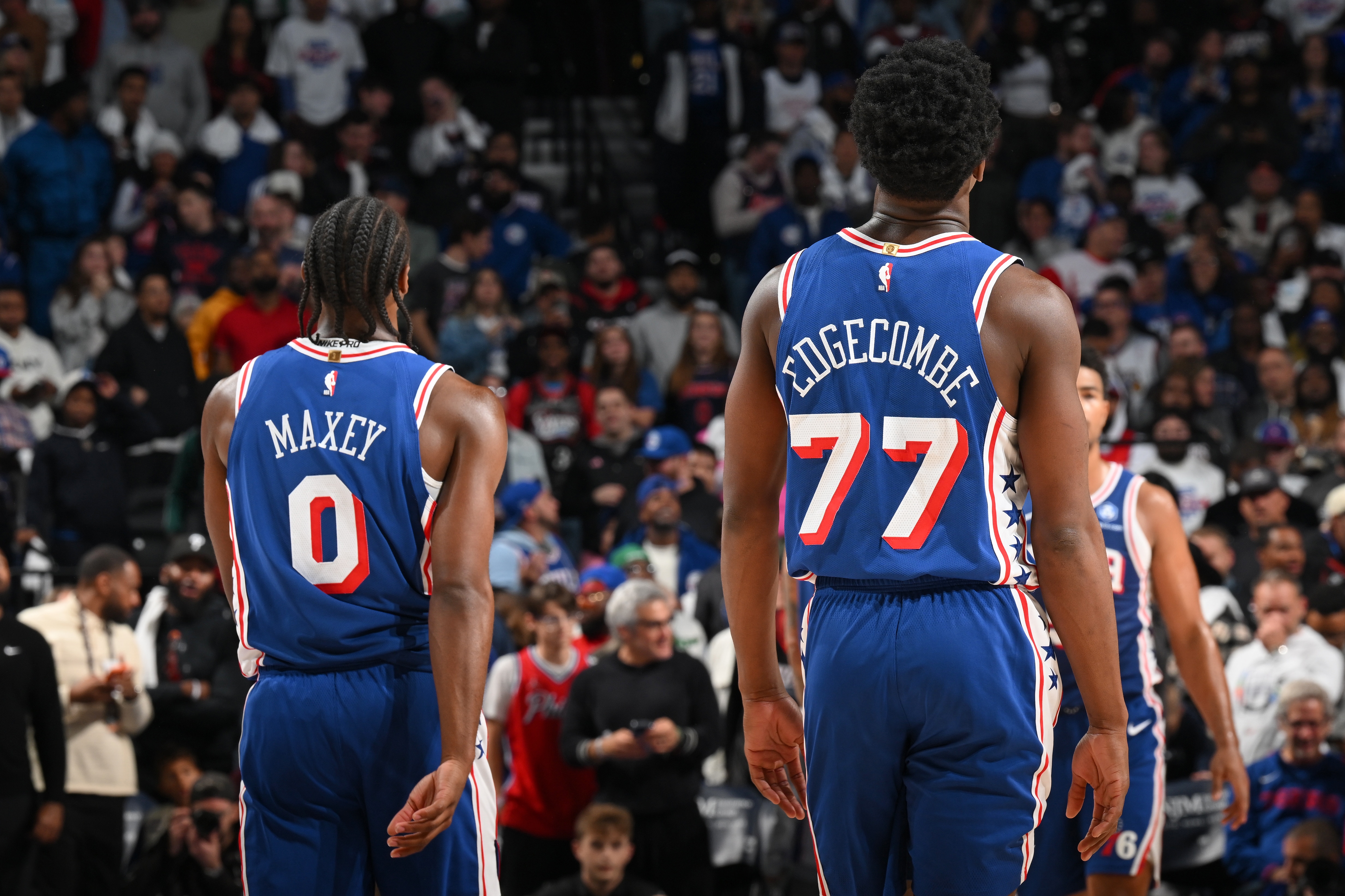 Tyrese Maxey #0 and VJ Edgecombe #77 of the Philadelphia 76ers during the game