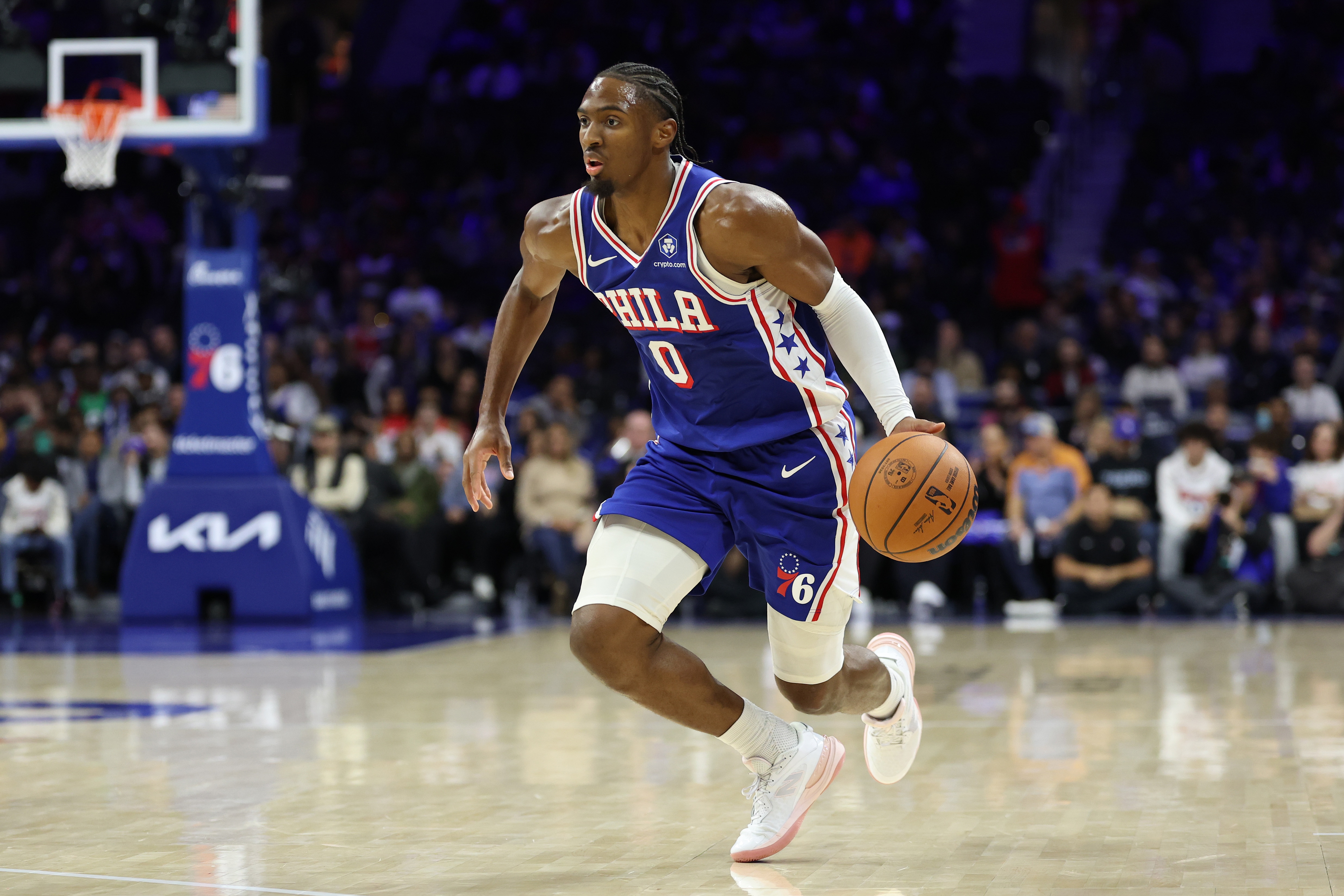 Tyrese Maxey #0 of the Philadelphia 76ers dribbles the ball