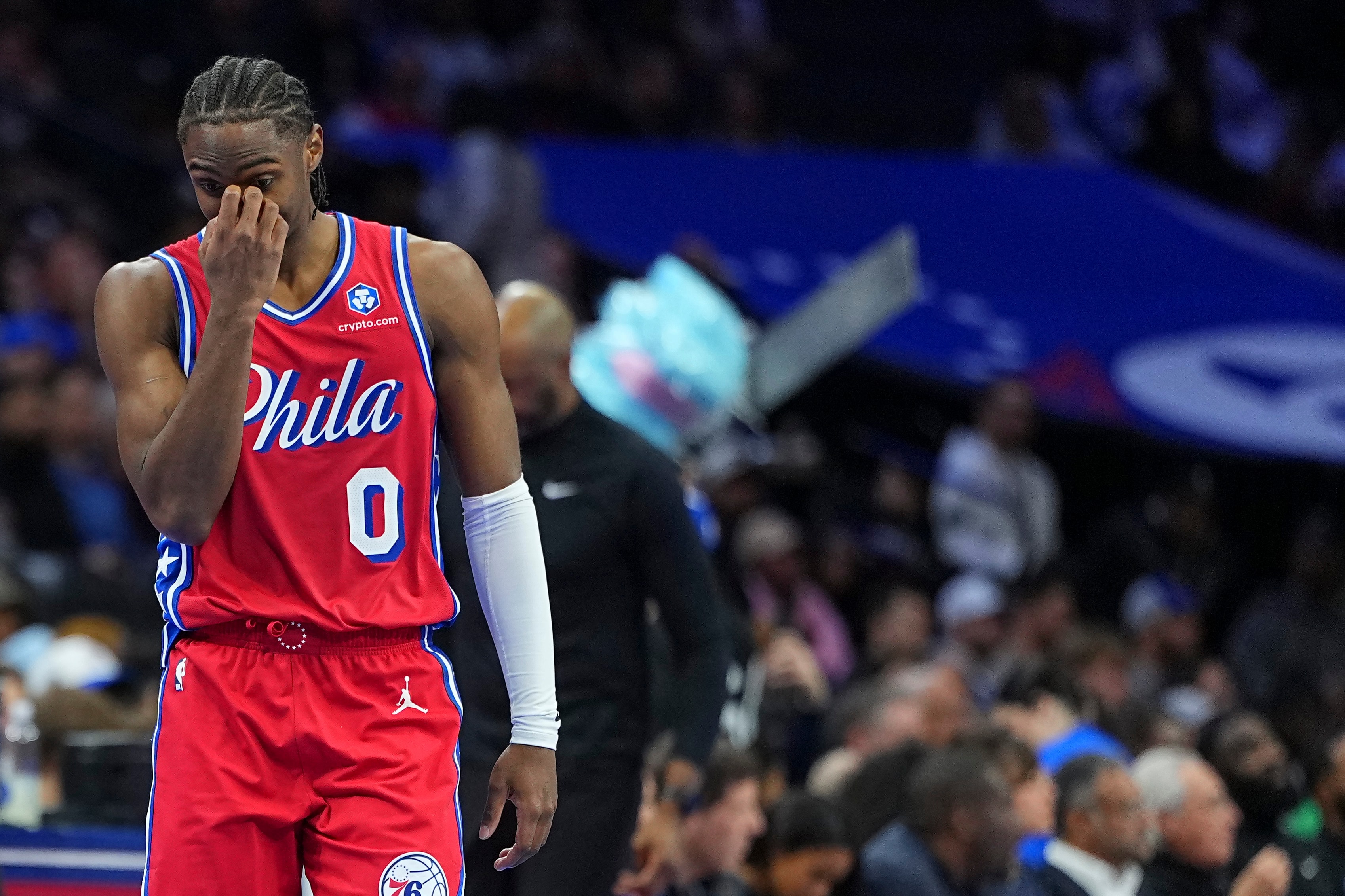 Tyrese Maxey #0 of the Philadelphia 76ers looks on against the Orlando Magic