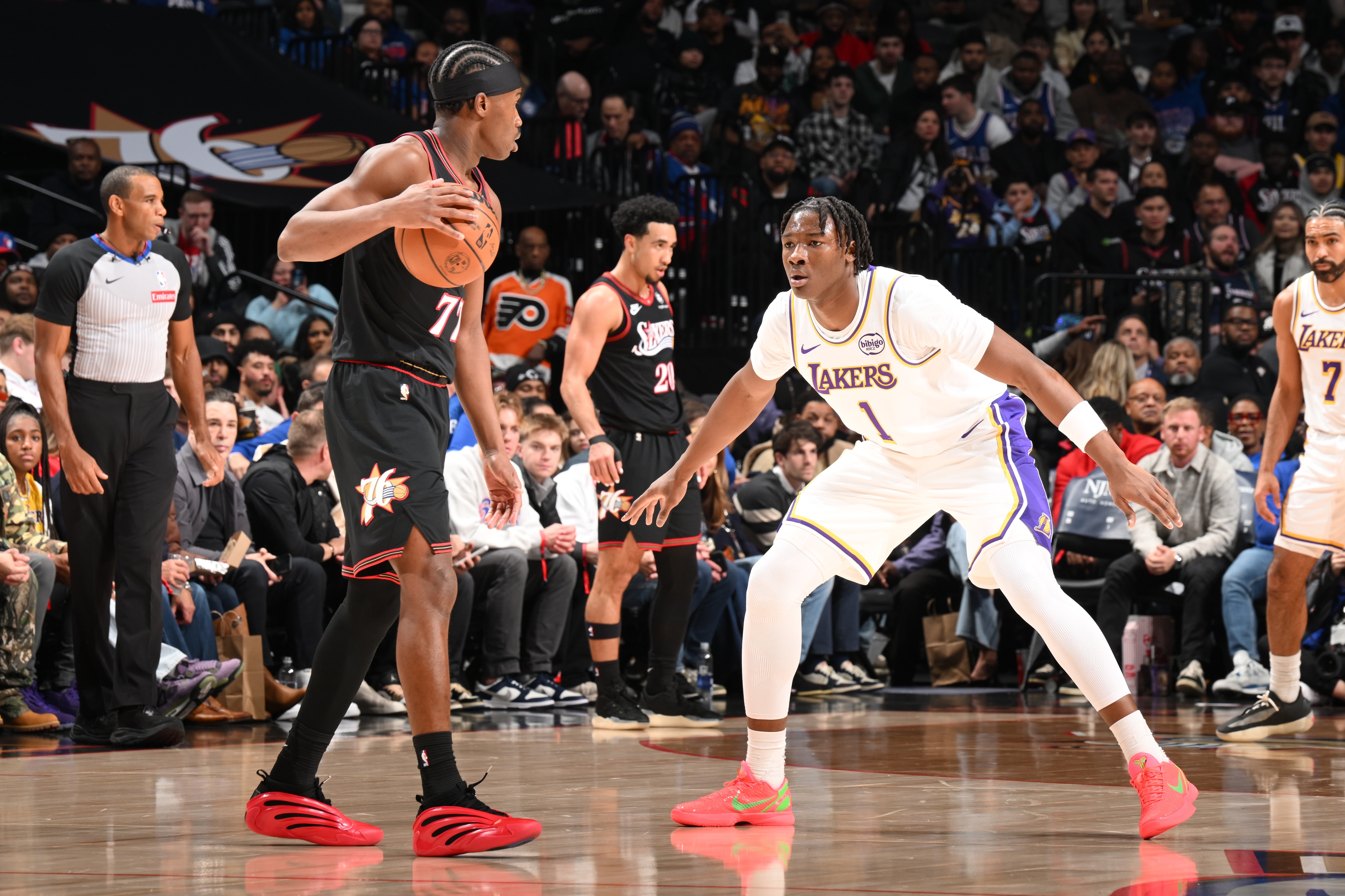 VJ Edgecombe #77 of the Philadelphia 76ers dribbles the ball during the game