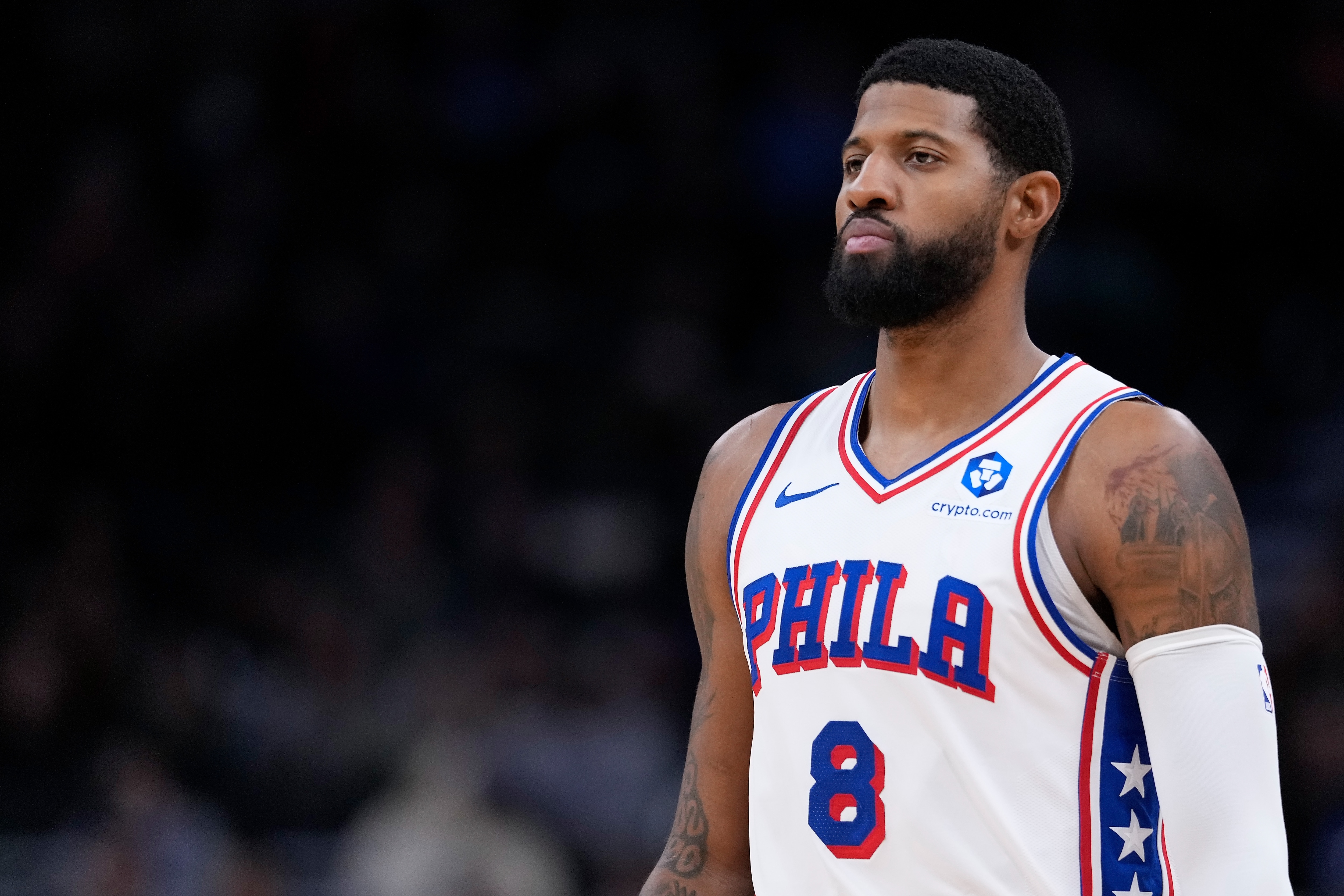 Paul George #8 of the Philadelphia 76ers looks on during the game