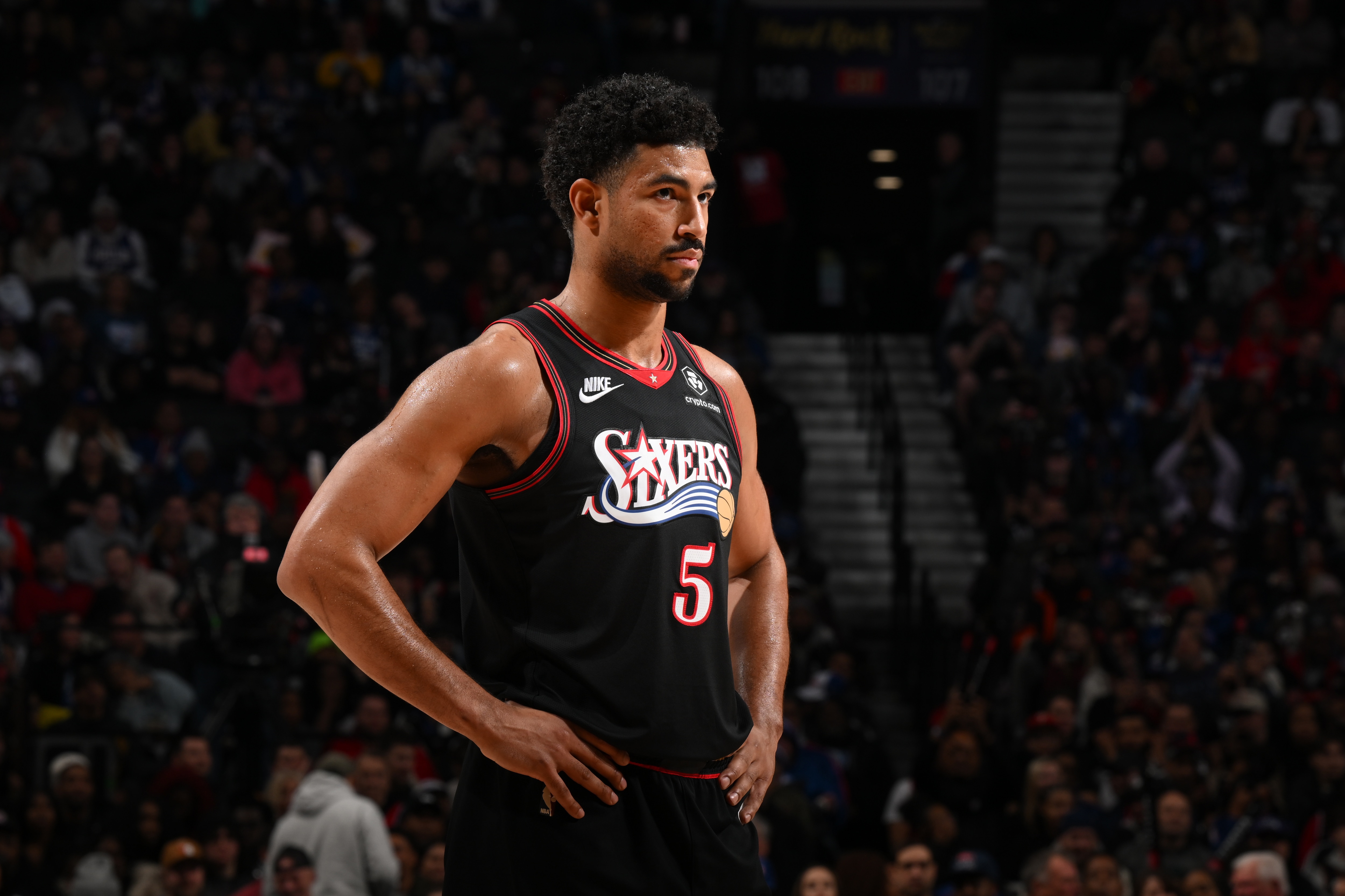 Quentin Grimes #5 of the Philadelphia 76ers looks on during the game