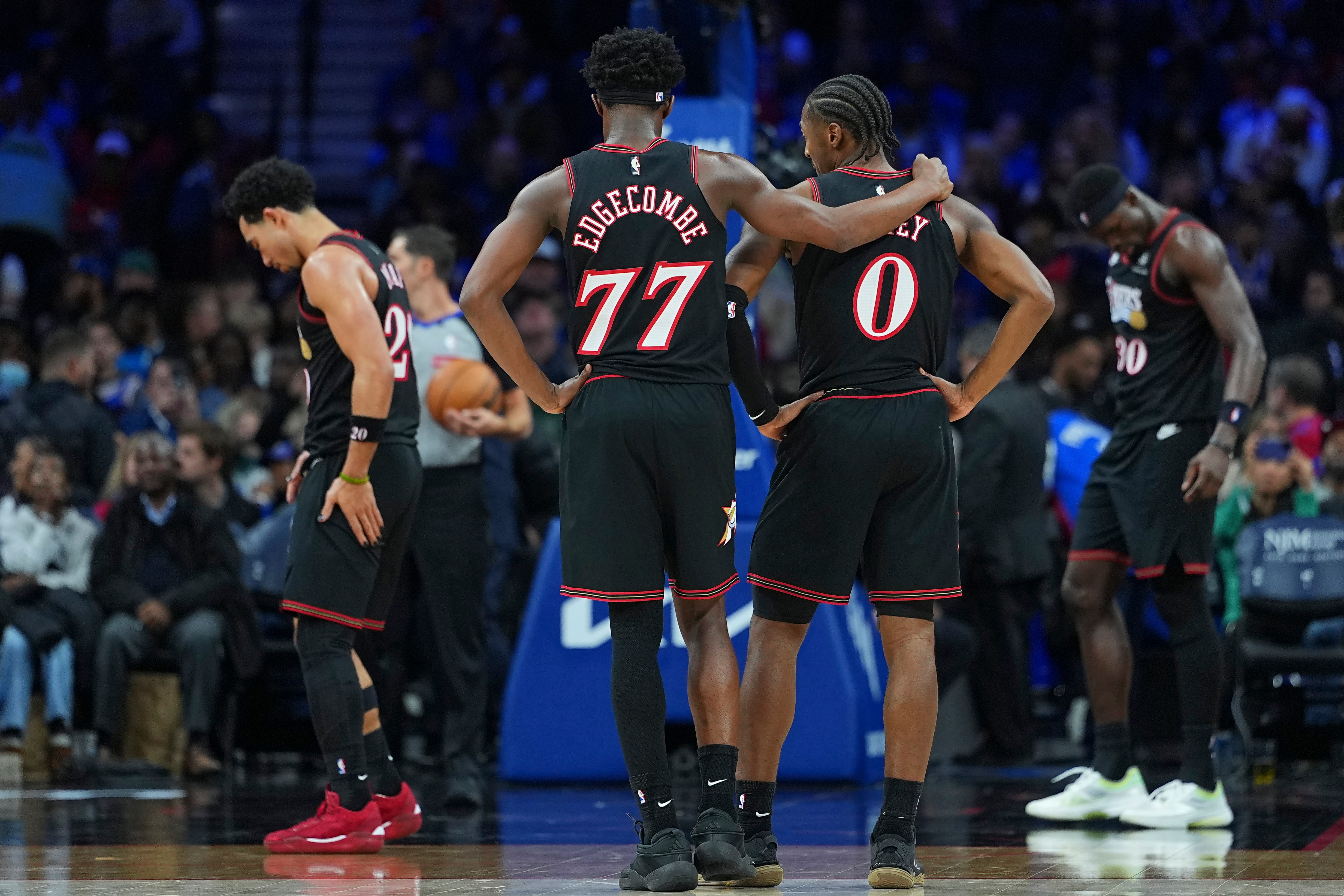 VJ Edgecombe #77 and Tyrese Maxey #0 of the Philadelphia 76ers look on during the game