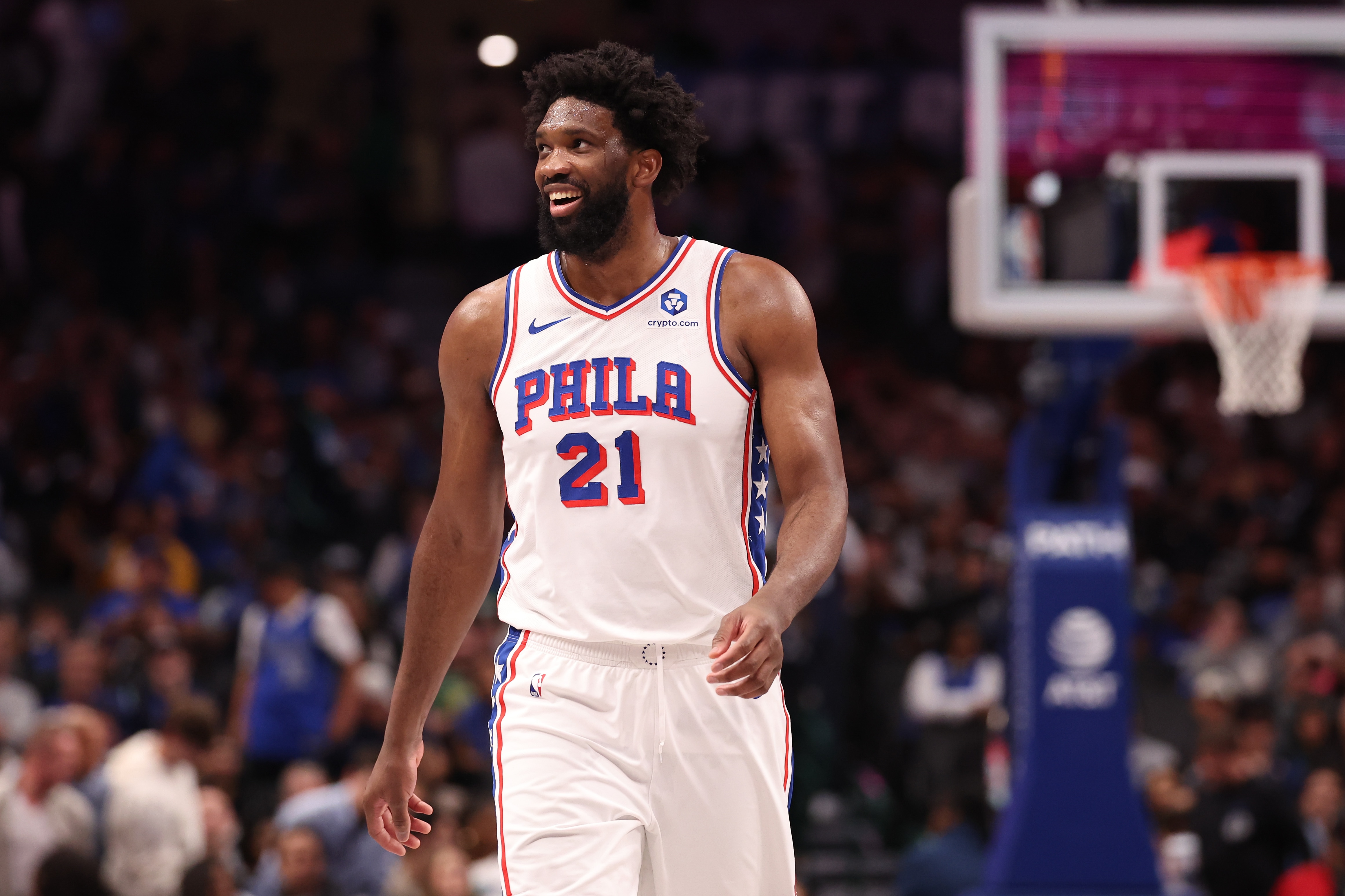 Joel Embiid #21 of the Philadelphia 76ers looks on during the second half against the Dallas Mavericks