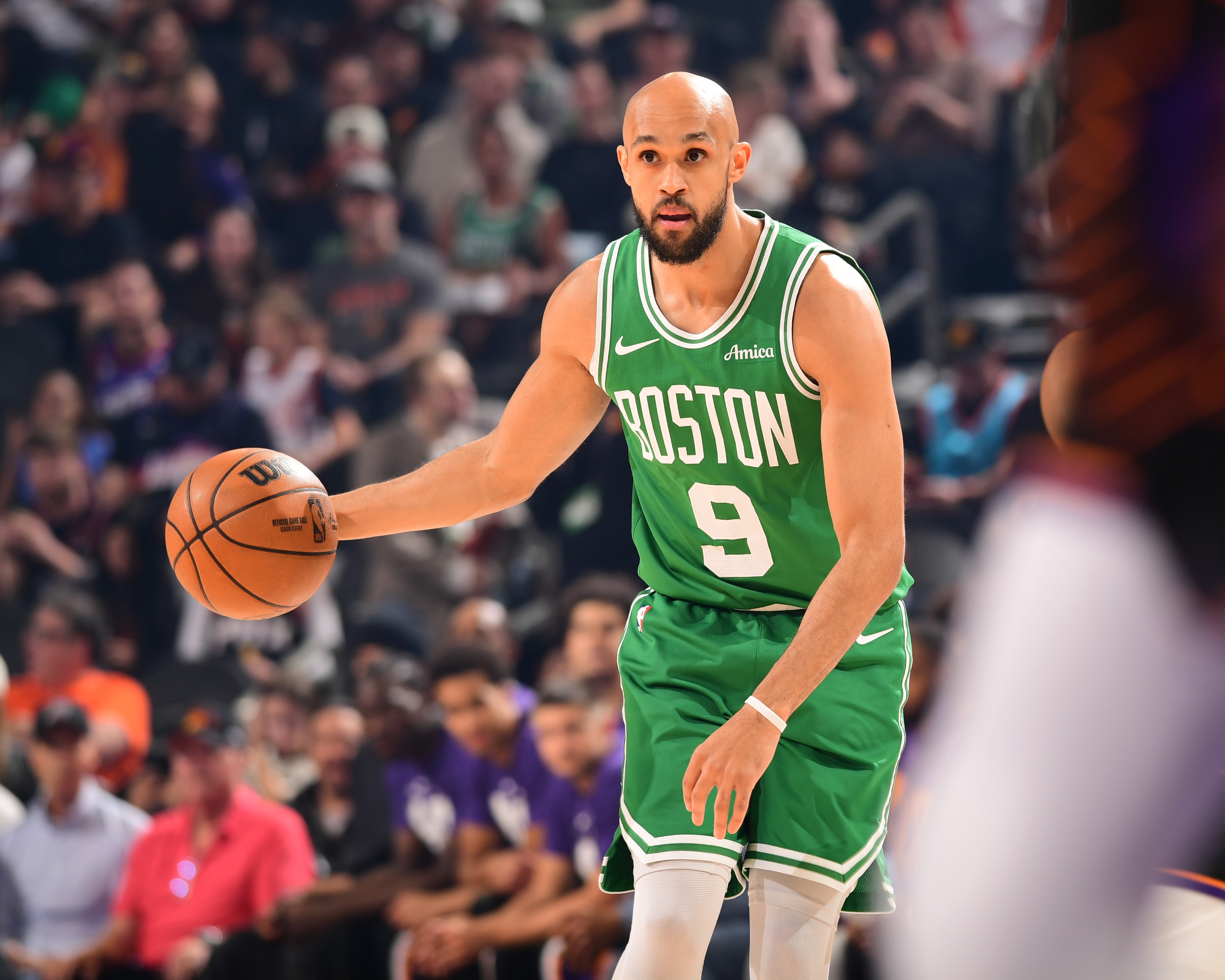 Derrick White handles the ball for Boston in 2026