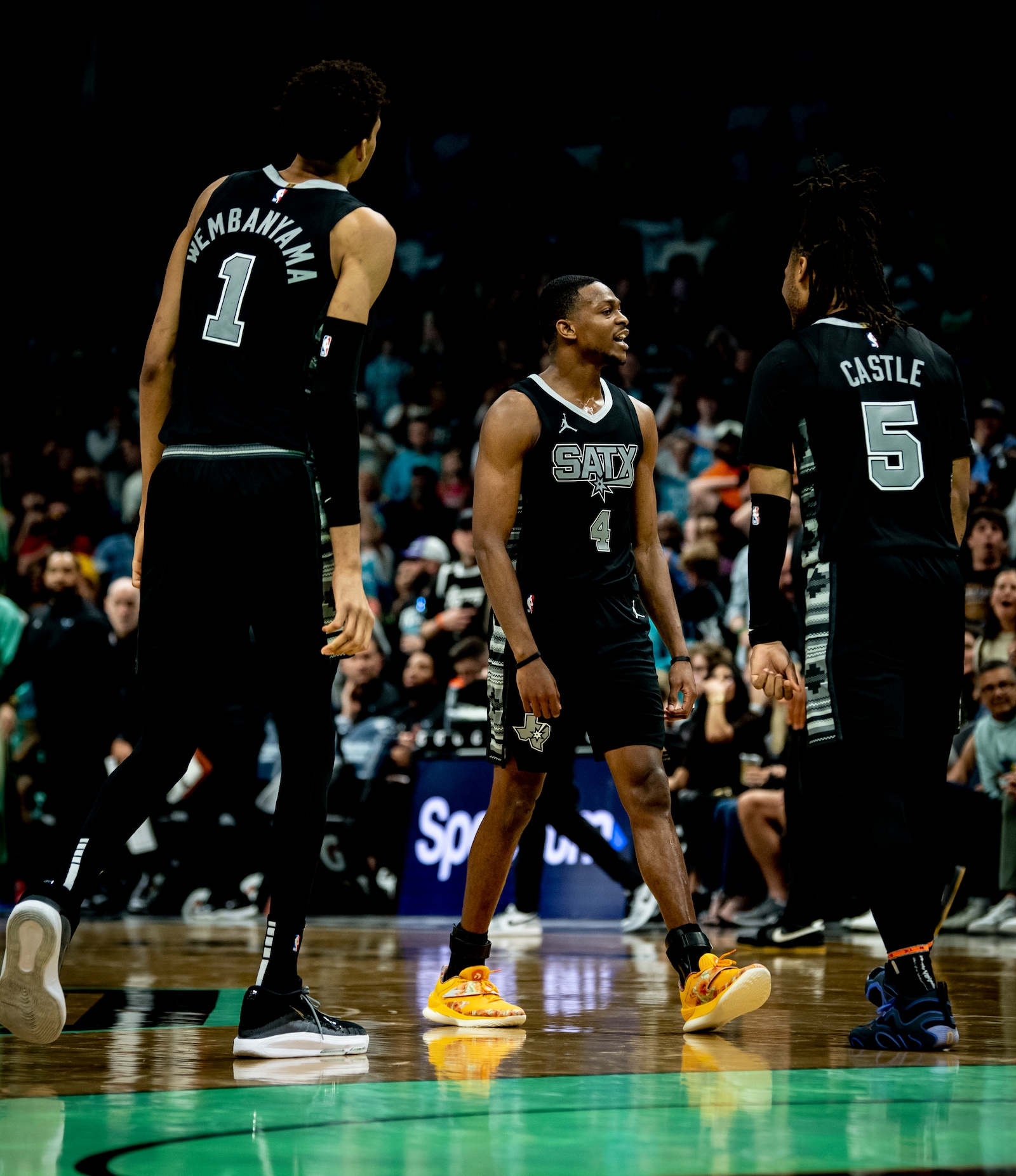 San Antonio Spurs guard De'Aaron Fox celebrates a made basket with San Antonio Spurs forward Victor Wembanyama ..." width="1600" height="1853">