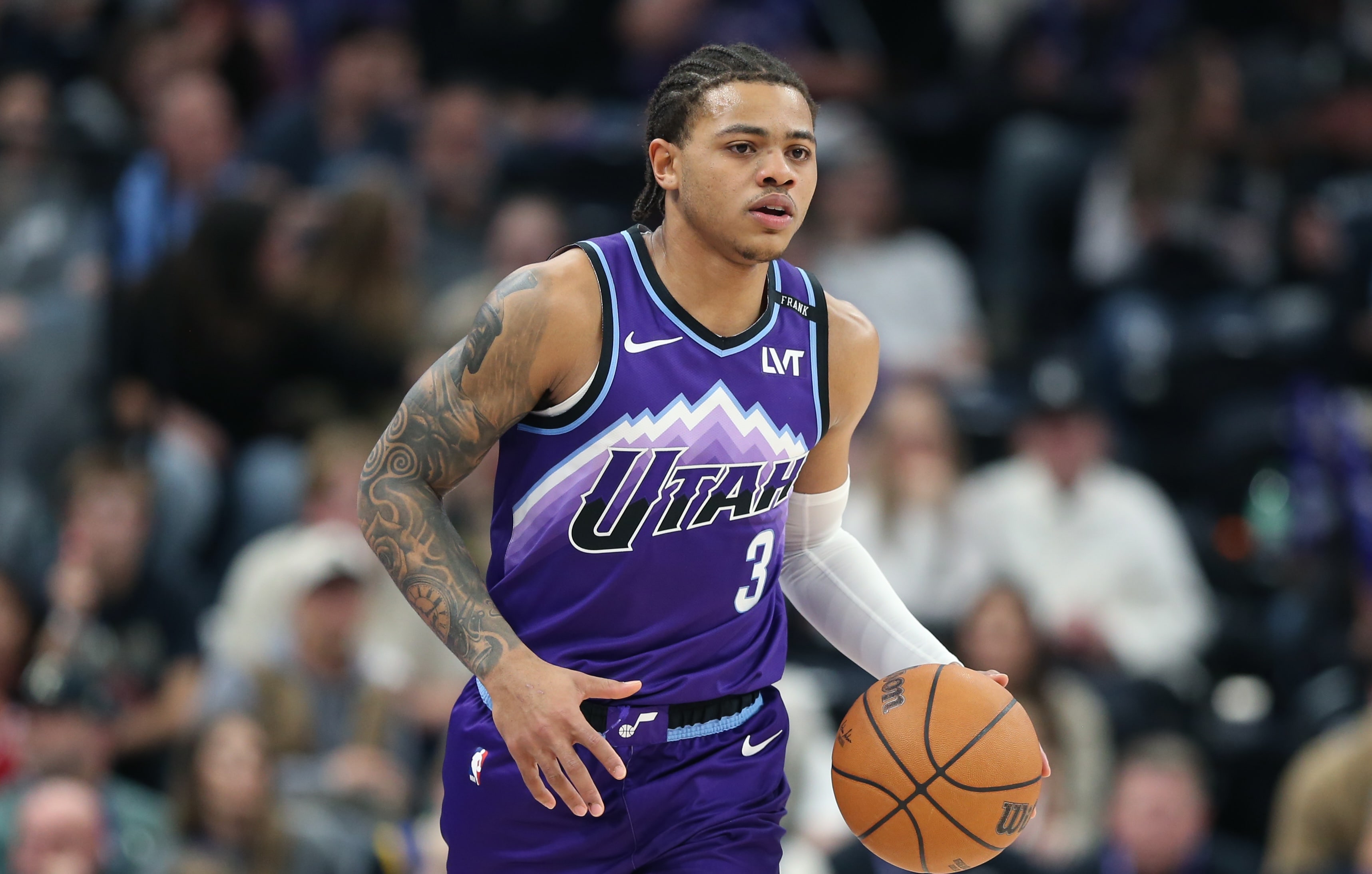 Keyonte George #3 Utah Jazz brings the ball up vs Orlando Magic, December 20 2025