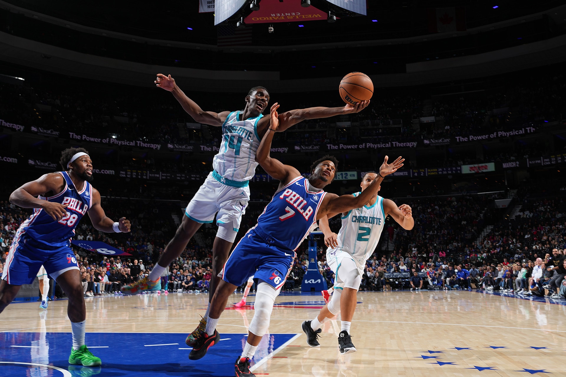 Slideshow-image: PHILADELPHIA, PA - NOVEMBER 10: Moussa Diabate #14 of the Charlotte Hornets rebounds the ball during the game against the Philadelphia 76ers on Nov...